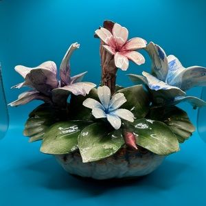 Vintage Capodimonte porcelain flower basket, spring, cottage